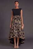 Black A Line Round Neck Floral High Low Formal Dress with Bow