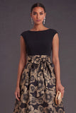 Black A Line Round Neck Floral High Low Formal Dress with Bow