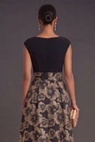 Black A Line Round Neck Floral High Low Formal Dress with Bow