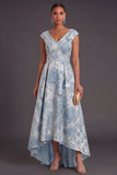 Blue Floral A Line High Low Jacquard Wedding Guest Dress