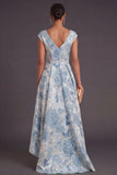 Blue Floral A Line High Low Jacquard Wedding Guest Dress