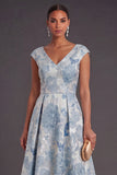 Blue Floral A Line High Low Jacquard Wedding Guest Dress
