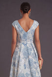 Blue Floral A Line High Low Jacquard Wedding Guest Dress