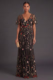 Floral A Line Black V Neck Long Formal Dress