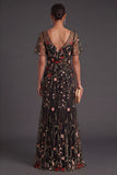 Floral A Line Black V Neck Long Formal Dress