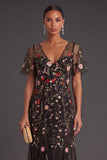 Floral A Line Black V Neck Long Formal Dress