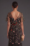 Floral A Line Black V Neck Long Formal Dress
