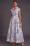 White Blue Floral A Line Collar Neck Long Wedding Guest Dress