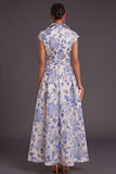 White Blue Floral A Line Collar Neck Long Wedding Guest Dress