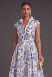 White Blue Floral A Line Collar Neck Long Wedding Guest Dress