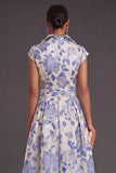 White Blue Floral A Line Collar Neck Long Wedding Guest Dress