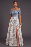 Dusty Blue A Line Floral Off the Shoulder Long Wedding Guest Dress with Slit