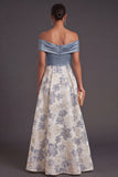 Dusty Blue A Line Floral Off the Shoulder Long Wedding Guest Dress with Slit