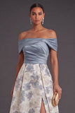 Dusty Blue A Line Floral Off the Shoulder Long Wedding Guest Dress with Slit