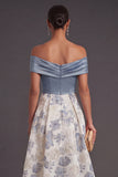 Dusty Blue A Line Floral Off the Shoulder Long Wedding Guest Dress with Slit