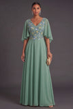 Sage Green Floral Embroidered A Line Long Wedding Guest Dress