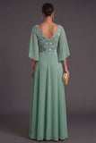 Sage Green Floral Embroidered A Line Long Wedding Guest Dress
