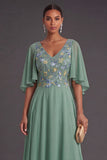 Sage Green Floral Embroidered A Line Long Wedding Guest Dress