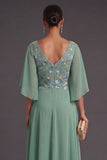 Sage Green Floral Embroidered A Line Long Wedding Guest Dress