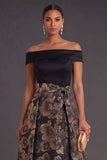 Black High Low Floral Off the Shoulder A Line Formal Dress