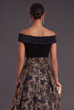 Black High Low Floral Off the Shoulder A Line Formal Dress