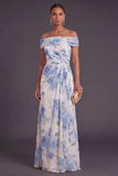 White Blue Floral A Line Ruched Long Wedding Guest Dress