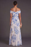 White Blue Floral A Line Ruched Long Wedding Guest Dress