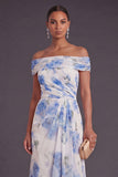 White Blue Floral A Line Ruched Long Wedding Guest Dress
