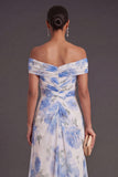 White Blue Floral A Line Ruched Long Wedding Guest Dress