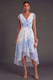 Floral White Blue High Low Ruffled V Neck Wedding Guest Dress