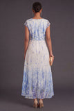 Floral White Blue High Low Ruffled V Neck Wedding Guest Dress
