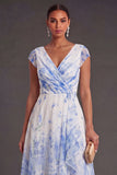 Floral White Blue High Low Ruffled V Neck Wedding Guest Dress