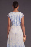Floral White Blue High Low Ruffled V Neck Wedding Guest Dress