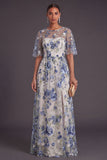 Blue Floral A Line Illusion Neck Long Wedding Guest Dress with Slit