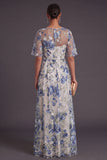 Blue Floral A Line Illusion Neck Long Wedding Guest Dress with Slit