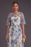 Blue Floral A Line Illusion Neck Long Wedding Guest Dress with Slit