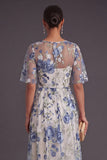 Blue Floral A Line Illusion Neck Long Wedding Guest Dress with Slit