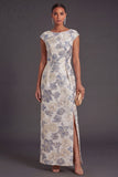 Dusty Blue Floral Sheath Jacquard Long Wedding Guest Dress with Slit
