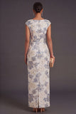 Dusty Blue Floral Sheath Jacquard Long Wedding Guest Dress with Slit