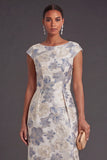 Dusty Blue Floral Sheath Jacquard Long Wedding Guest Dress with Slit