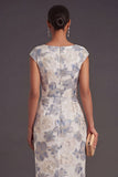 Dusty Blue Floral Sheath Jacquard Long Wedding Guest Dress with Slit
