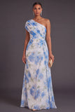 Mermaid White Blue Floral One Shoulder Long Wedding Guest Dress