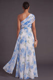 Mermaid White Blue Floral One Shoulder Long Wedding Guest Dress
