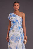 Mermaid White Blue Floral One Shoulder Long Wedding Guest Dress