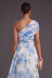 Mermaid White Blue Floral One Shoulder Long Wedding Guest Dress