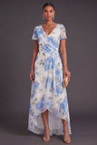 White Blue Floral Ruched V Neck High Low Wedding Guest Dress
