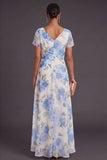 White Blue Floral Ruched V Neck High Low Wedding Guest Dress