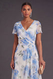 White Blue Floral Ruched V Neck High Low Wedding Guest Dress