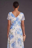 White Blue Floral Ruched V Neck High Low Wedding Guest Dress