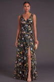 A Line Black Floral Embroidered Long Formal Dress with Slit